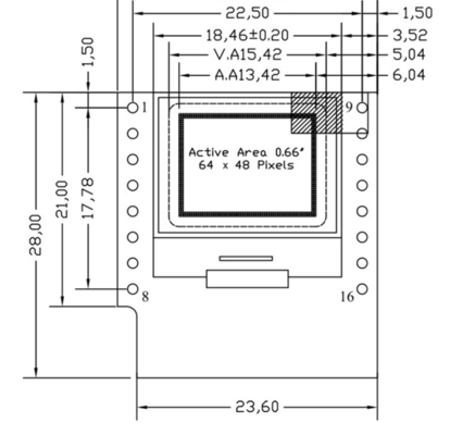 0.66 นิ้ว IIC OLED Display 16 Pin ด้วย 64x48 พิกเซล แฟนท์สีขาว/น้ําเงิน